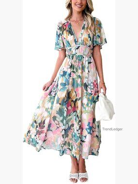 Floral Maxi Dress Wedding Guest Party Long A-Line V Neck Short Sleeve